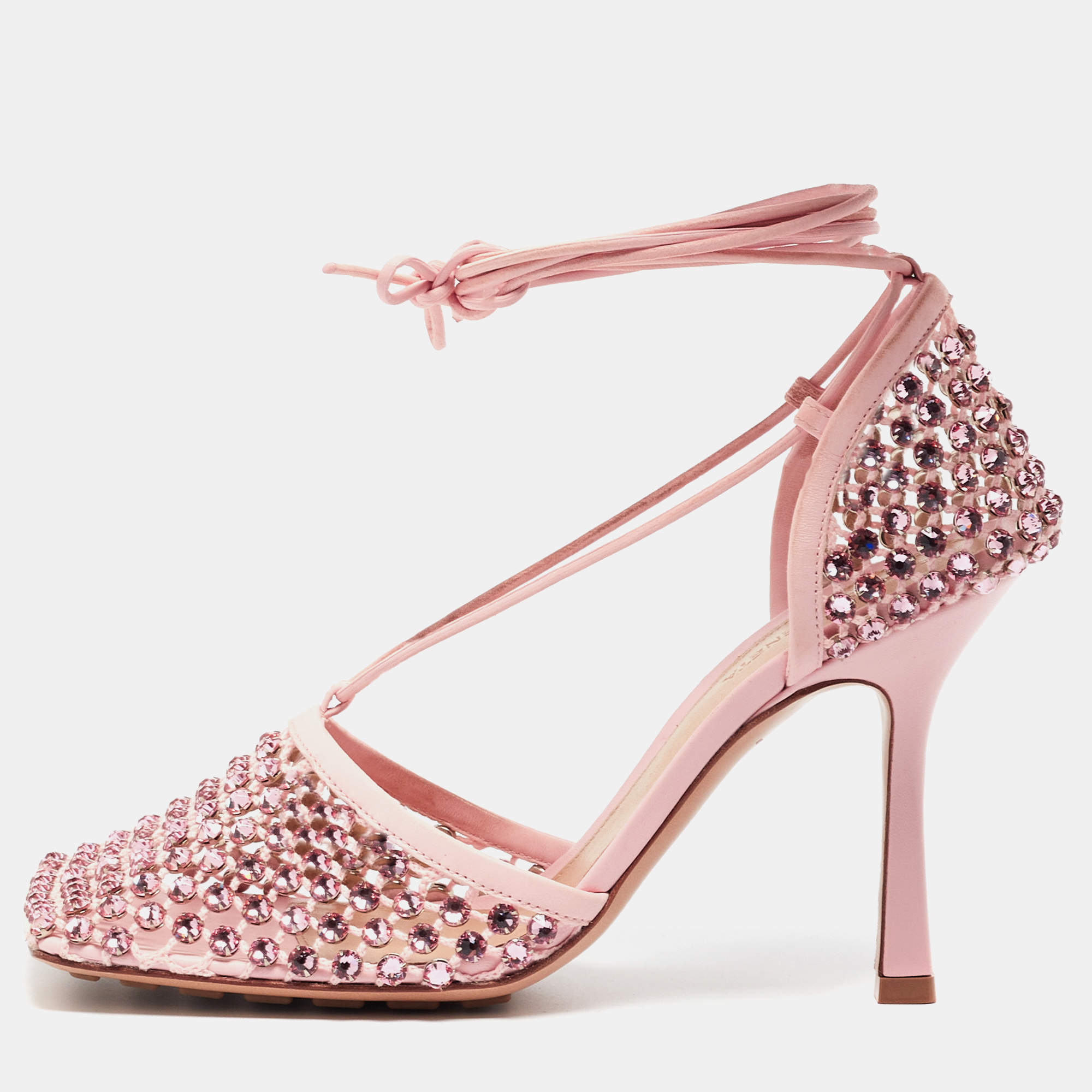 Pre Owned Bottega Veneta Pink Leather and Mesh Ankle Tie Sandals Size 38.5