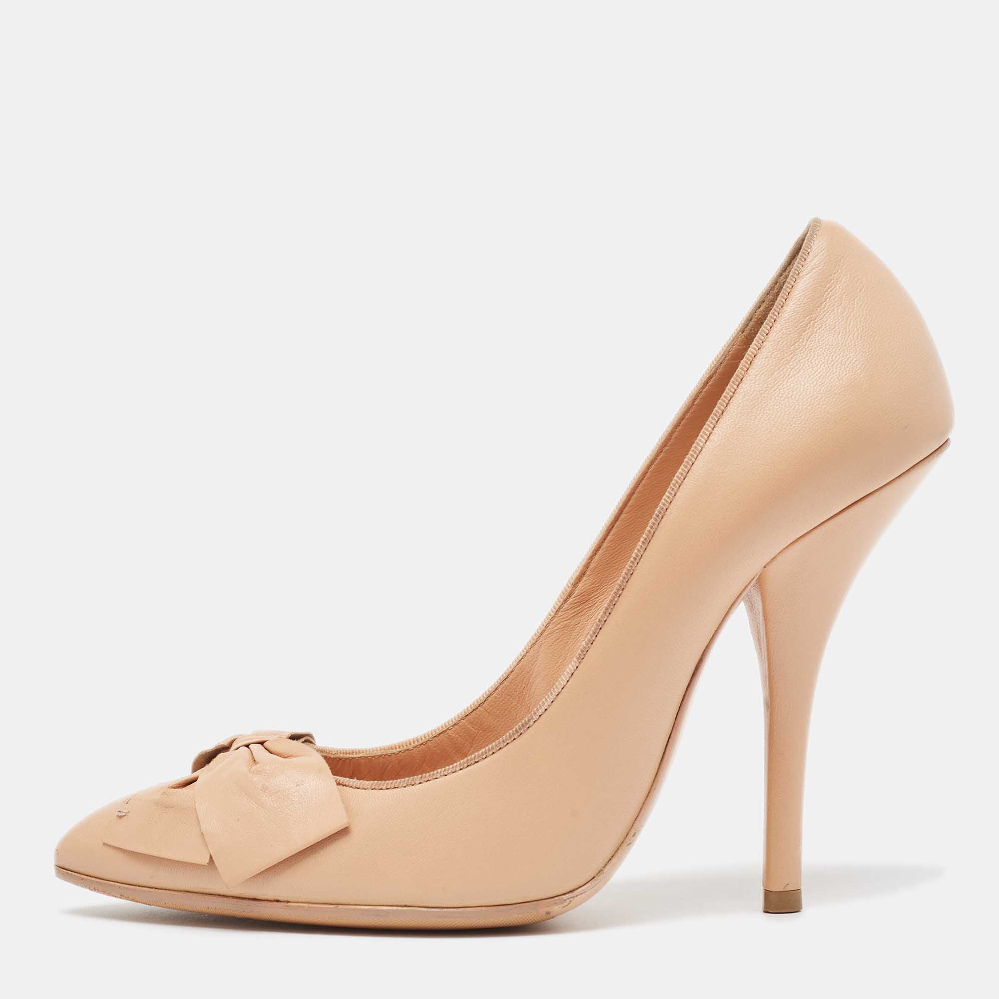 Pre Owned Bottega Veneta Beige Leather Bow Detail Pumps Size 38