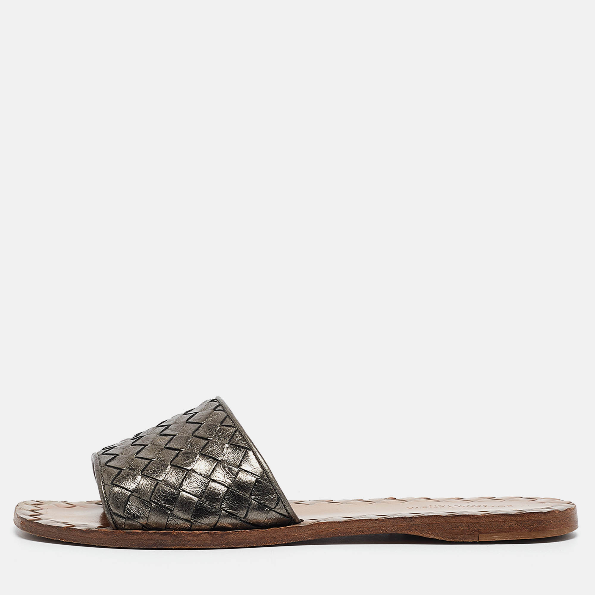 Pre Owned Bottega Veneta Metallic Grey Intrecciato Leather Flat Slides Size 35.5