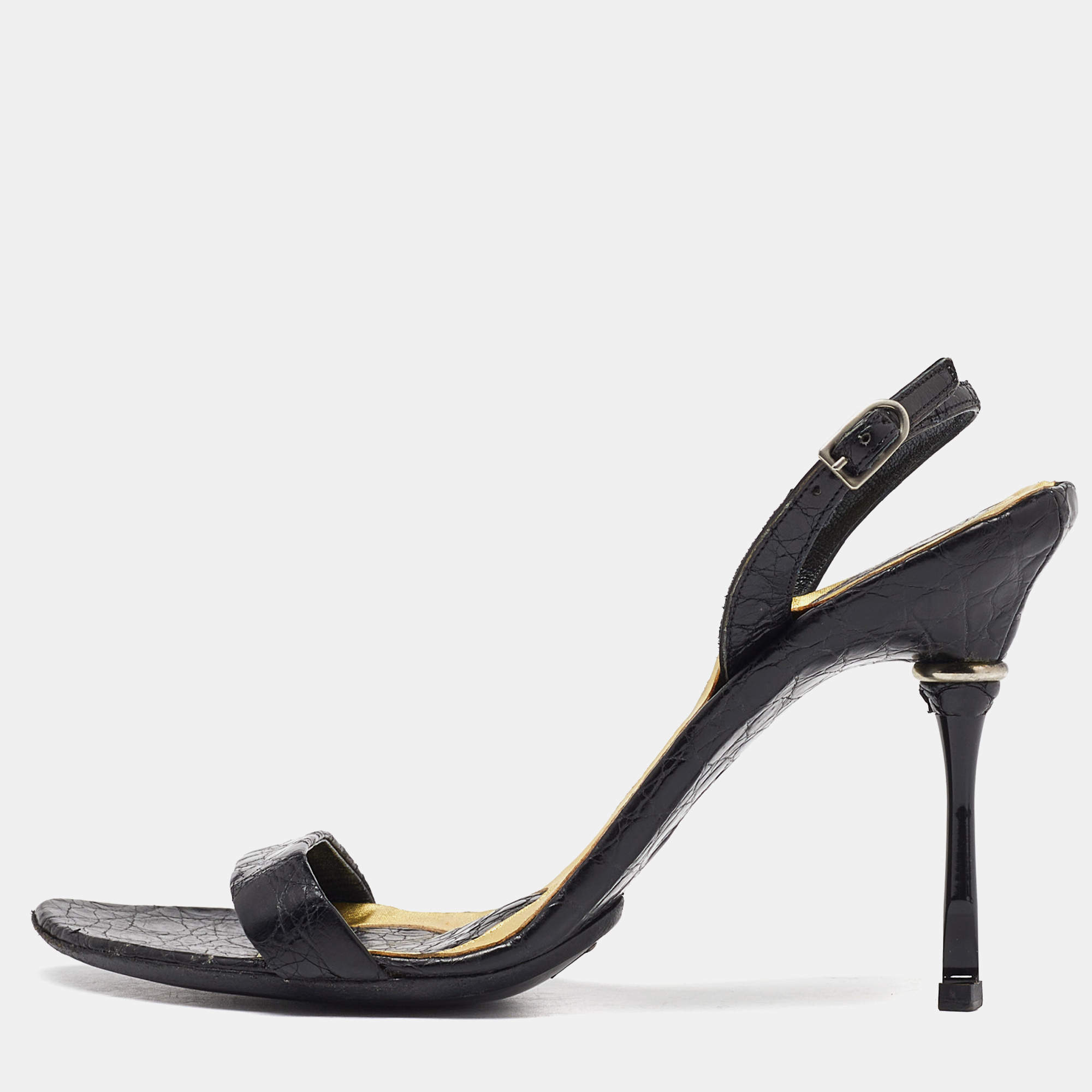 مملوكة مسبقًا Bottega Veneta Black Croc Embossed Ankle Strap Sandals Size 35