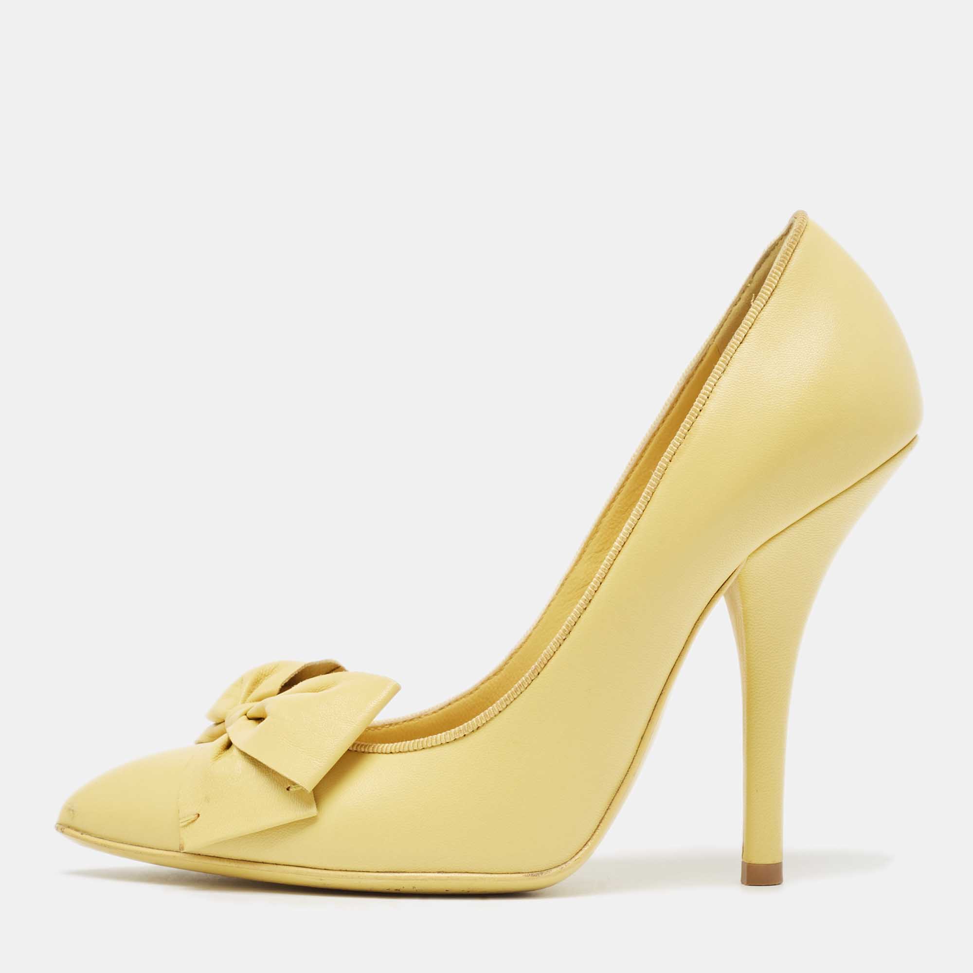 Pre Owned Bottega Veneta Primerose Yellow Leather Bow Embellished Pumps Size 35