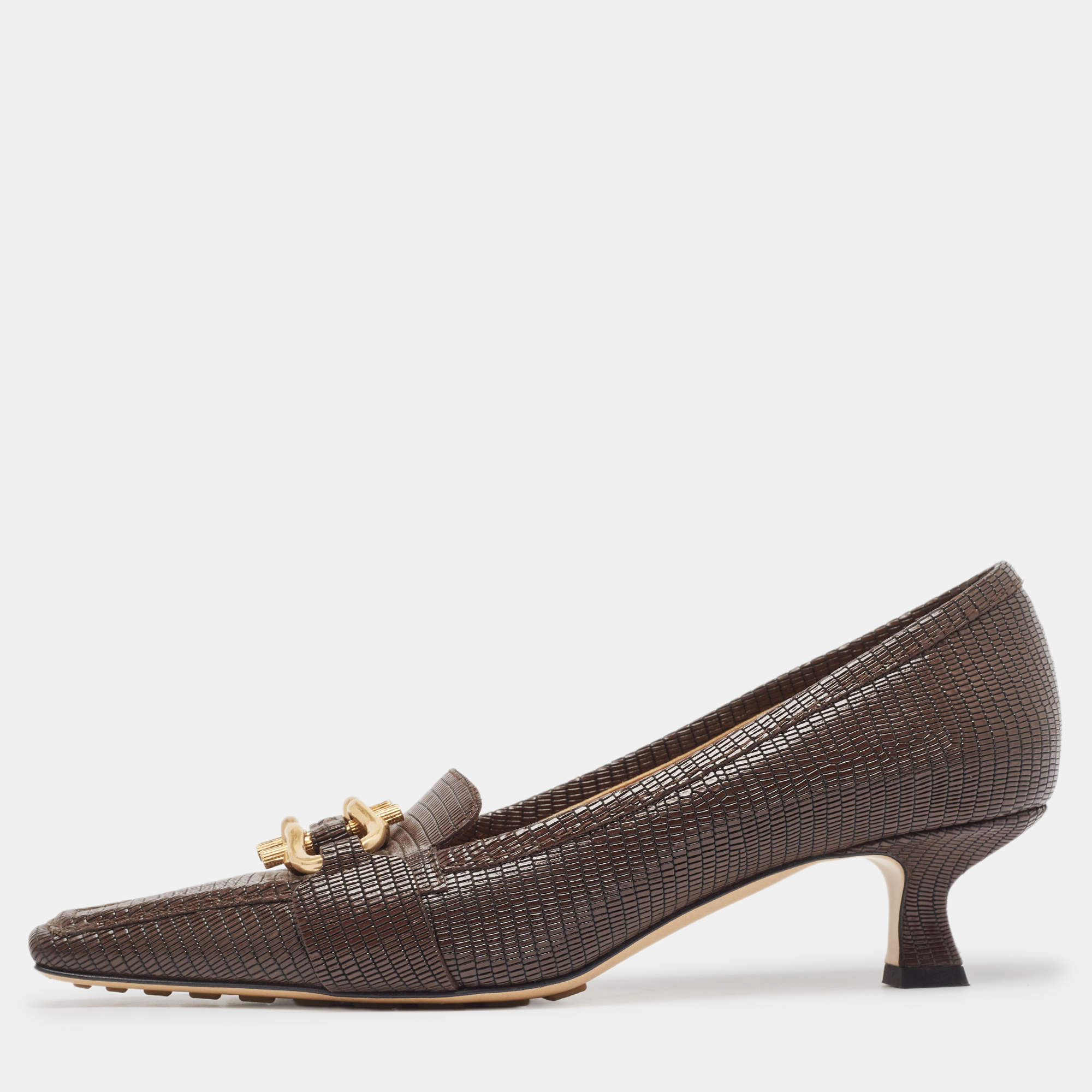 Bottega Veneta Brown Lizard Embossed Leather Madame Pumps Size 39