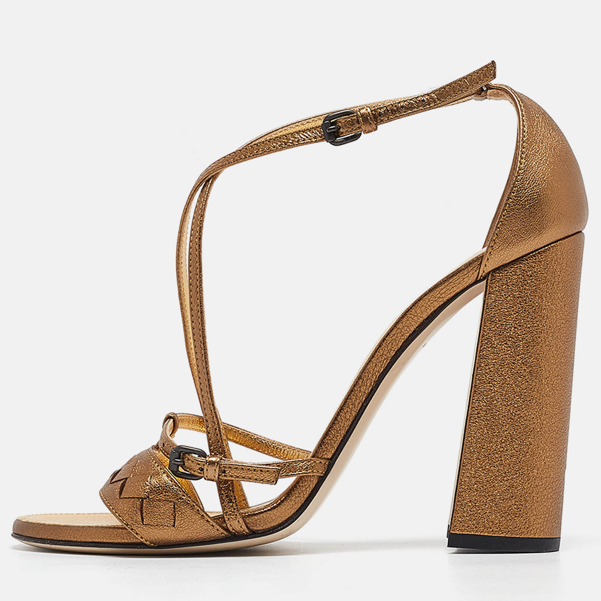 Bottega Veneta Metallic Bronze Intrecciato Leather Block Heel Sandals Size 39