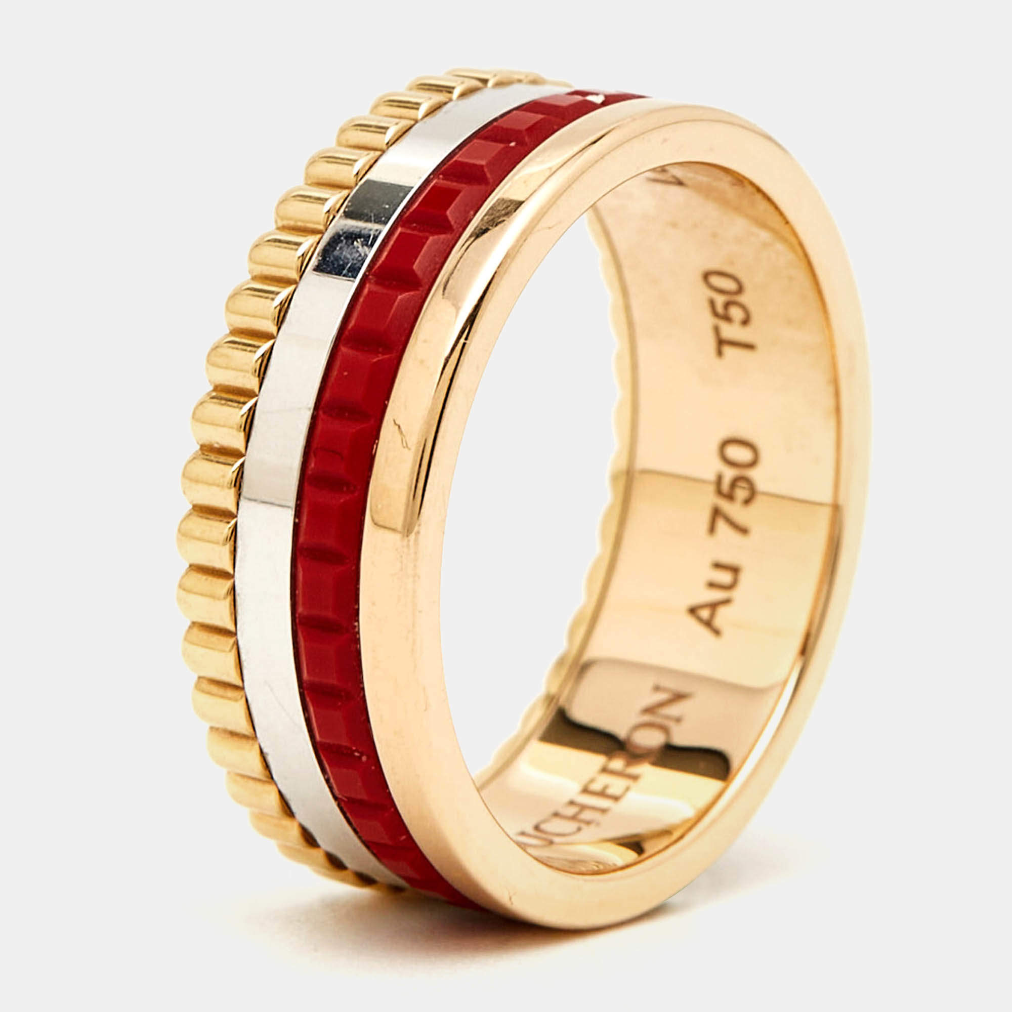 Boucheron Quatre Red Edition Ceramic 18k Three Tone Gold Ring Size 50