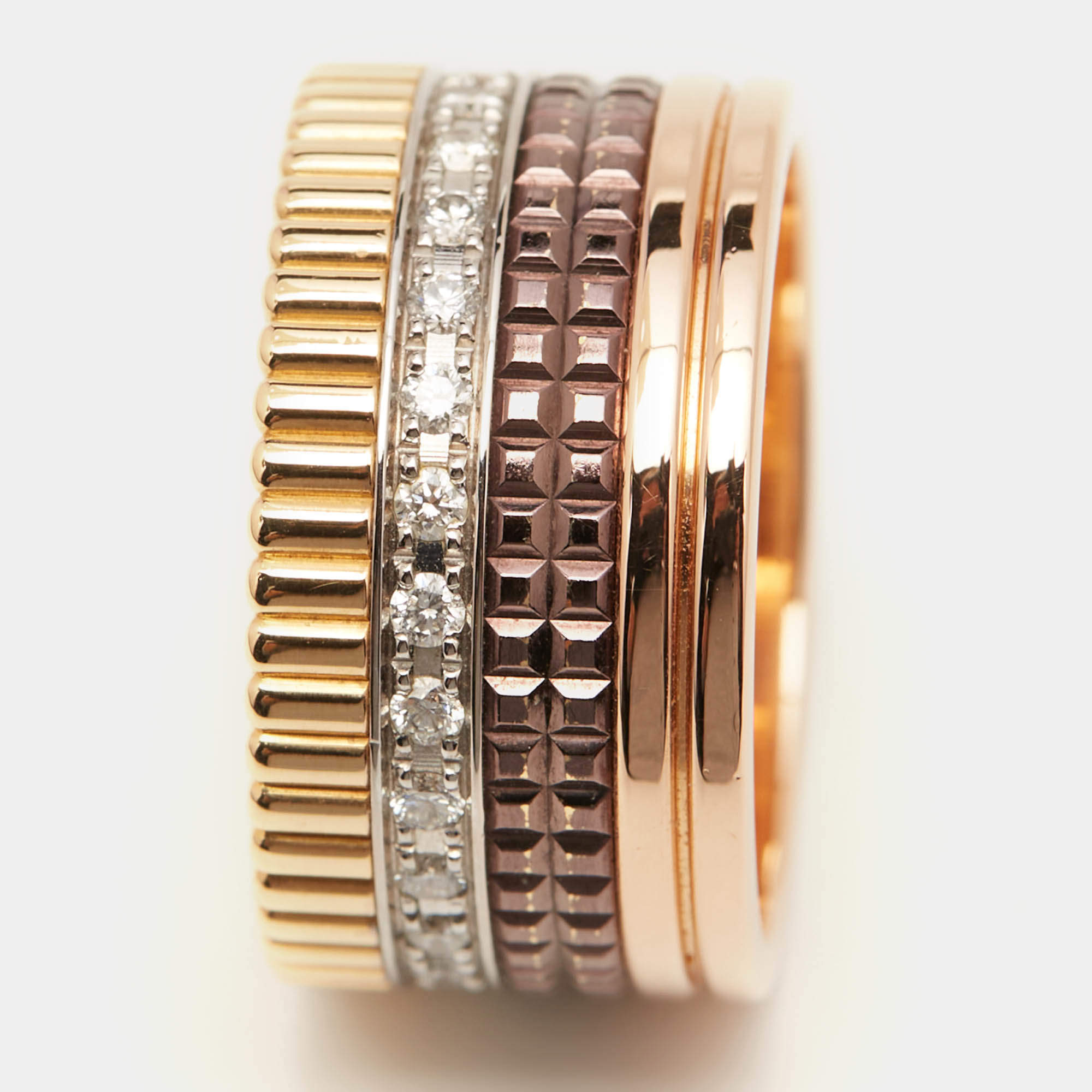 Pre Owned Boucheron Quatre Classique Diamonds PVD 18k Three Tone Gold Ring Size 57