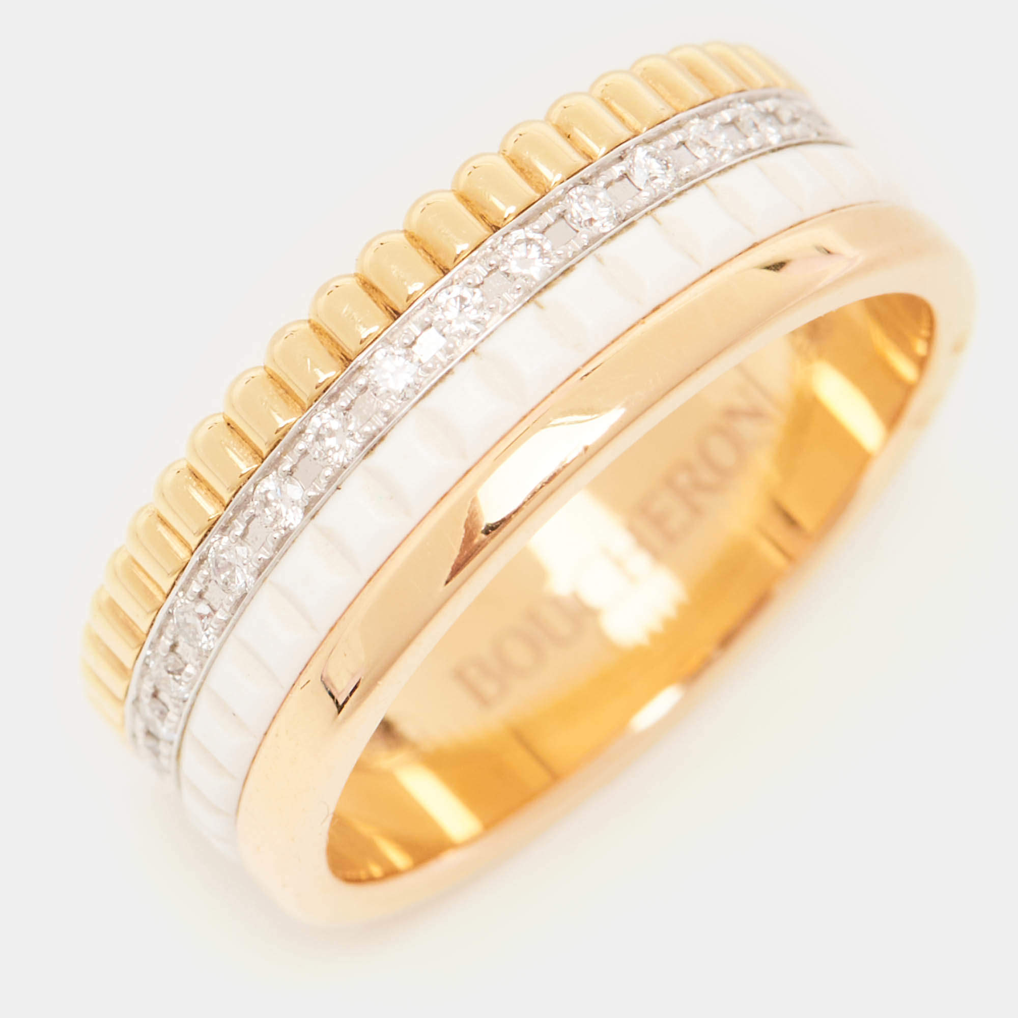 Boucheron Quatre Classique White Edition Diamonds Ceramic 18k Three Tone Gold Ring Size 52