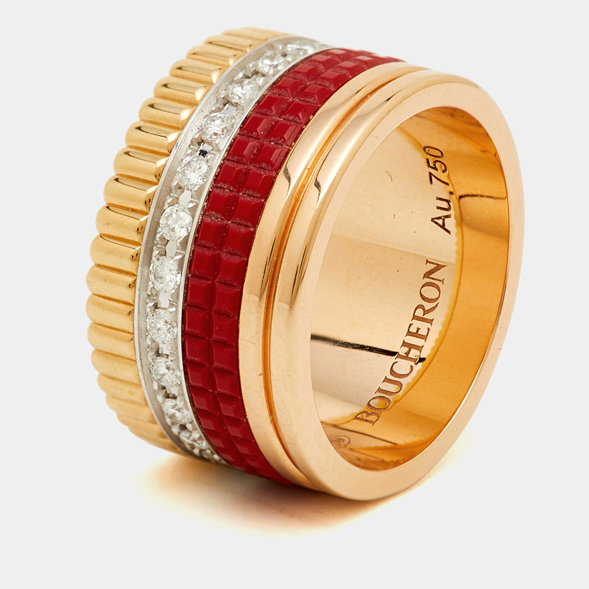مملوكة مسبقًا Boucheron Quatre Classique Red Edition Ceramic Diamonds 18k Three Tone Gold Ring Size 52