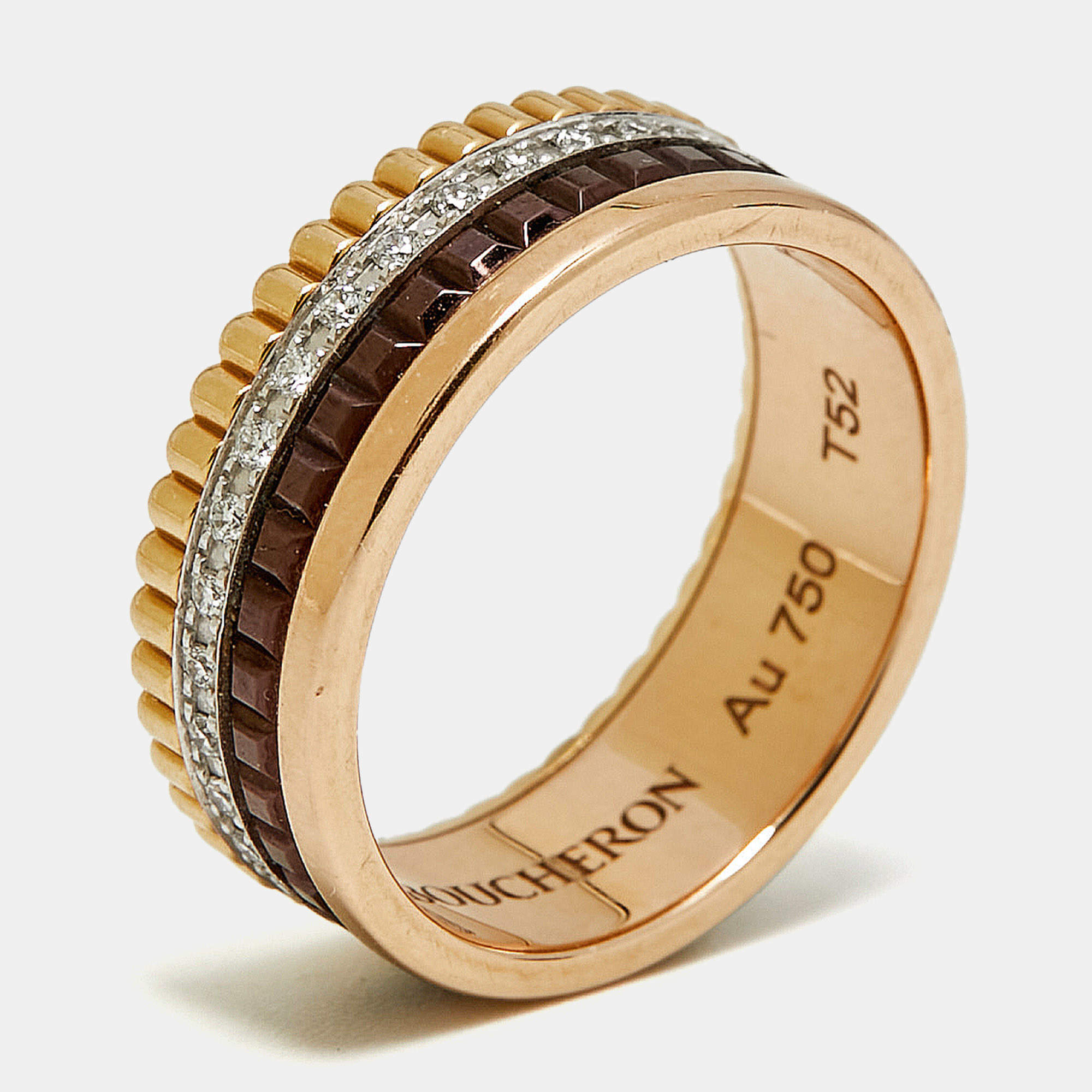 Pre Owned Boucheron Quatre Classique Diamonds PVD 18k Three Tone Gold Ring Size 52