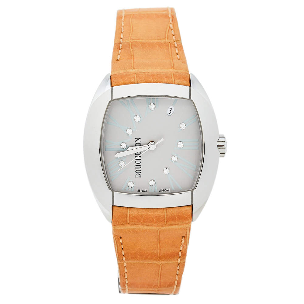 Pre Owned Boucheron Grey Stainless Steel Diamond Leather MEC Tonneau Women's Wristwatch 38 mm