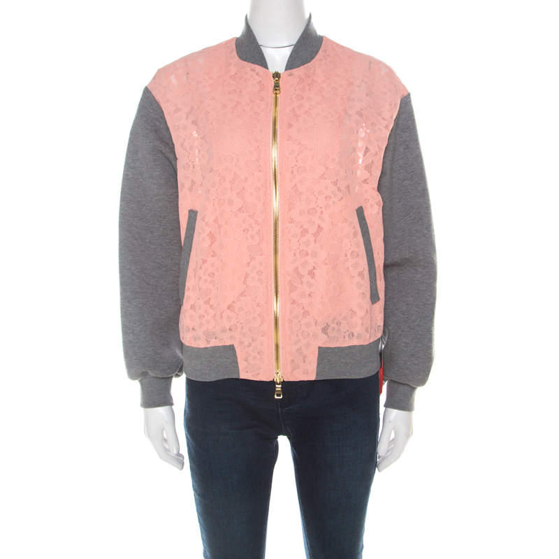 Pre Owned Boutique Moschino Peach Floral Lace Paneled Zip Front Jacket S