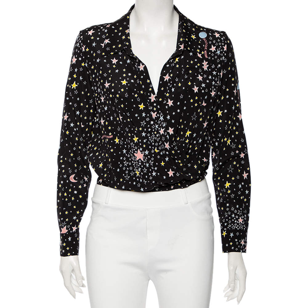 Pre Owned Moschino Boutique Black Star Print Silk Long Sleeve Long Sleeve Bodysuit S