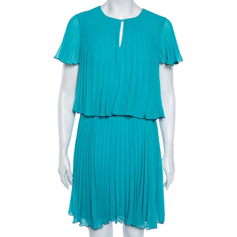Pre Owned Boutique Moschino Turquoise Blue Plisse Chiffon Overlay Detail Midi Dress S 