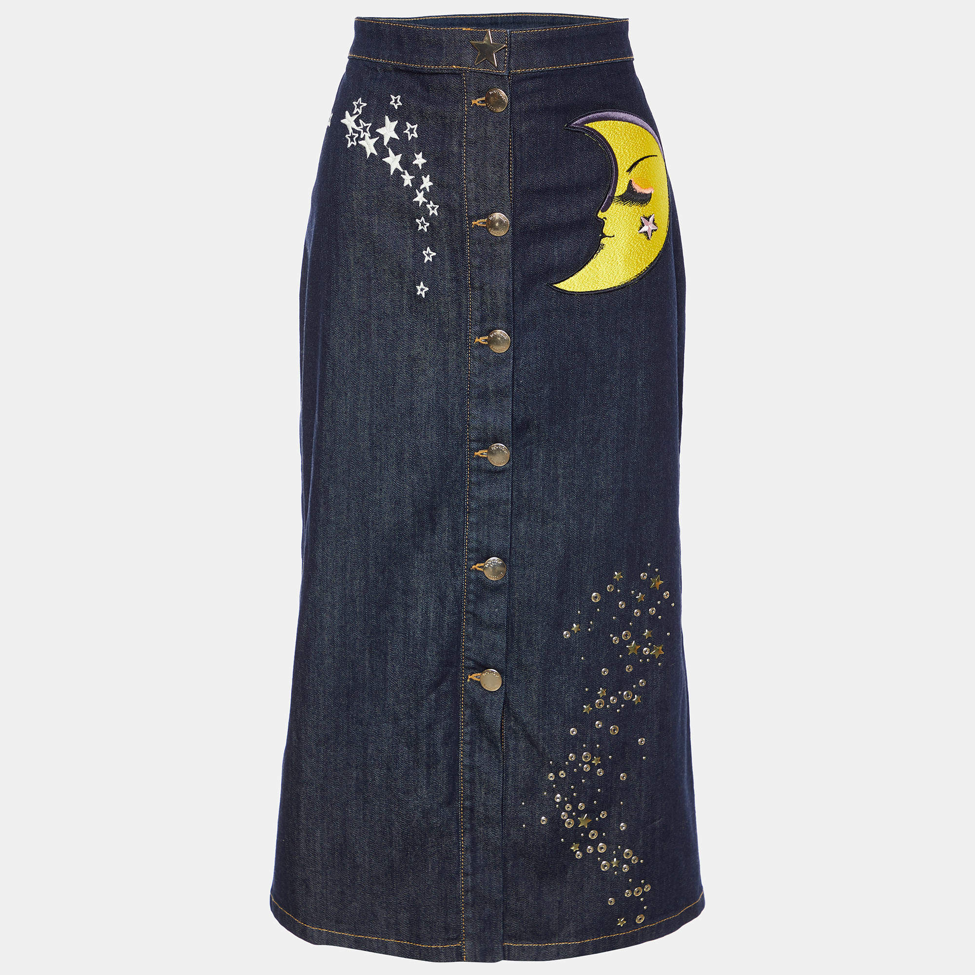 Pre Owned Boutique Moschino Navy Blue Denim Star & Moon Detail Midi Skirt L
