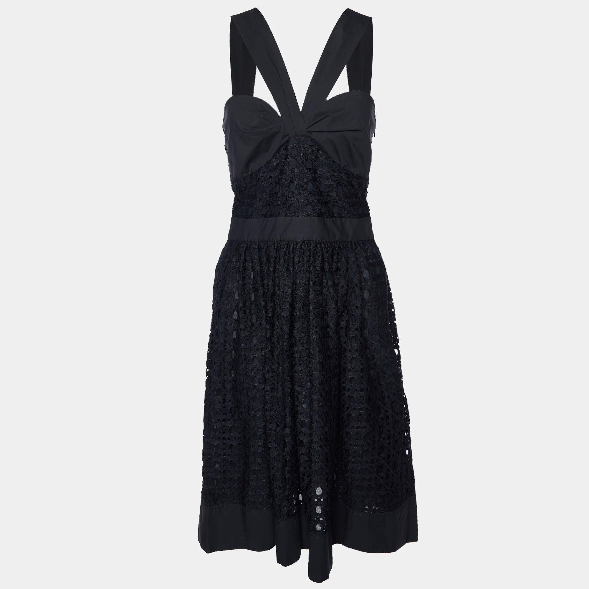 Pre Owned Boutique Moschino Black Lace Gathered Neck Dress M