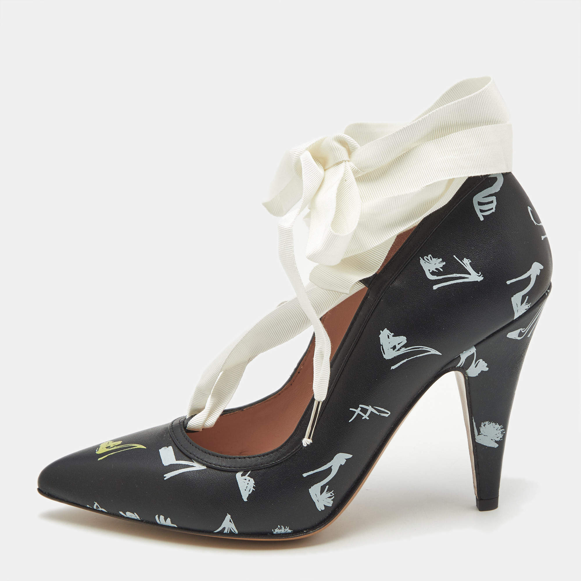Pre Owned Boutique Moschino Printed Black Leather Ankle Wrap Pumps Size 37