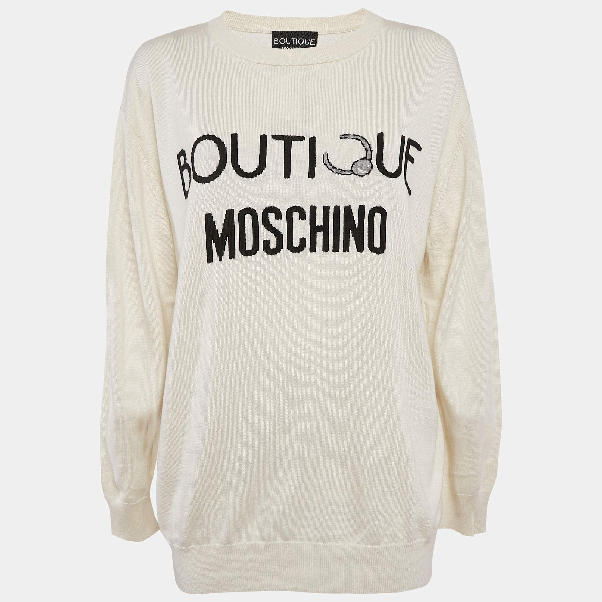 Pre Owned Boutique Moschino Cream Logo Intarsia Silk Knit Sweatshirt XL