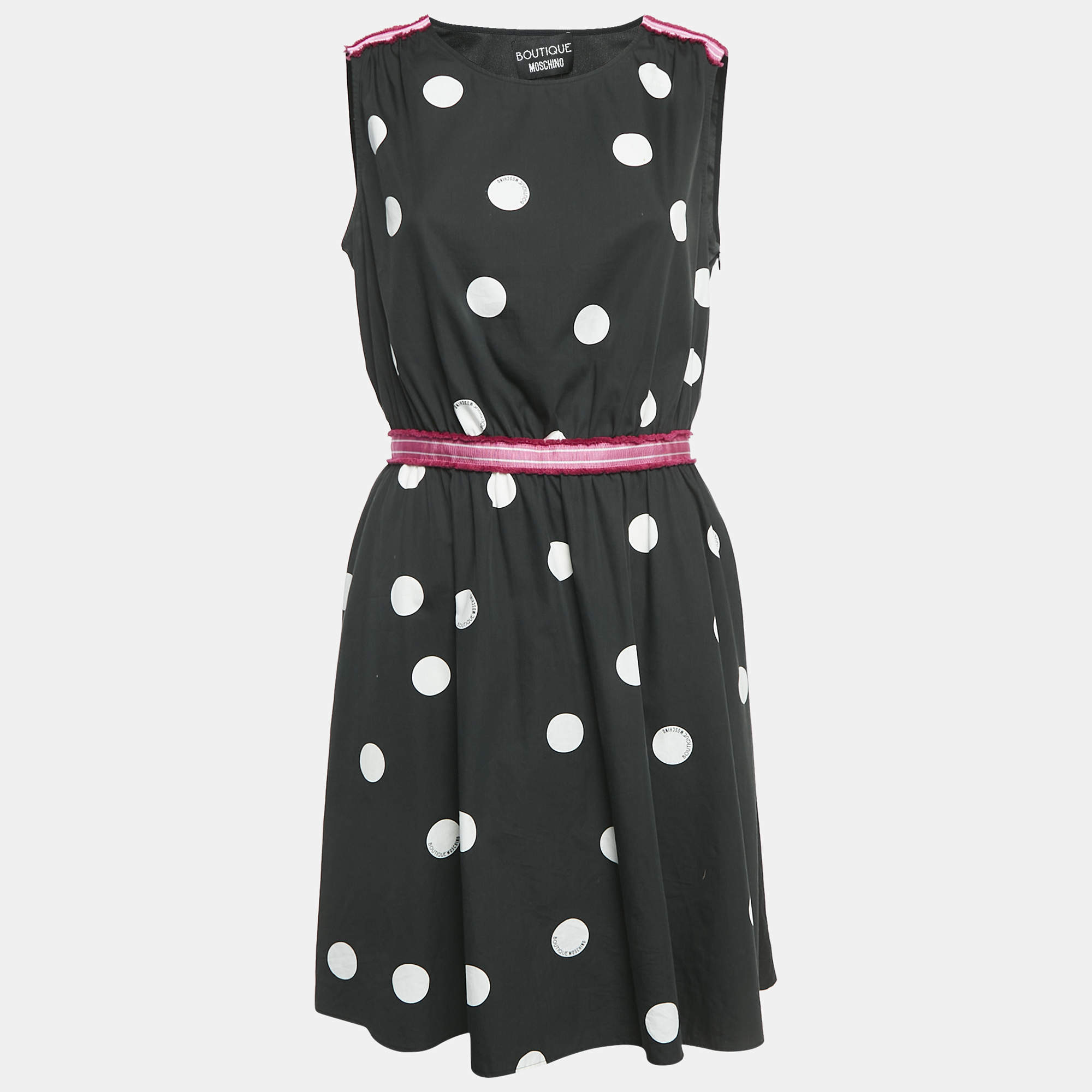 Pre Owned Boutique Moschino Black Polka Dot Print Cotton Trimmed Sleeveless Short Dress M