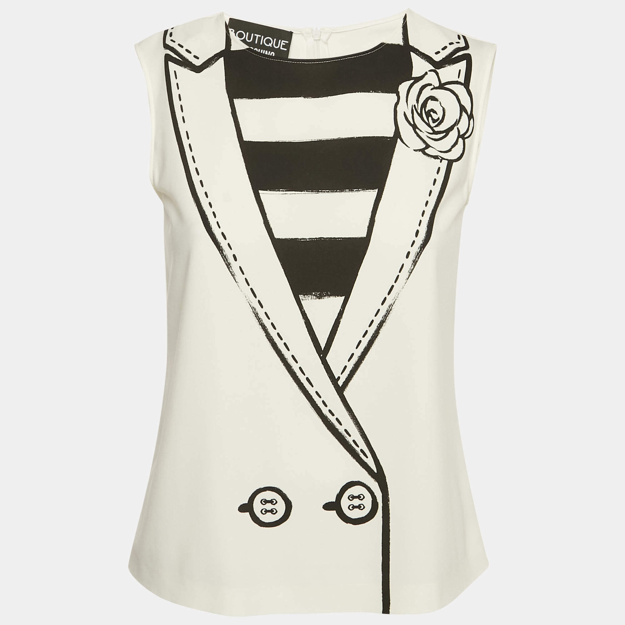 Boutique Moschino White Collar Print Crepe Sleeveless Top S