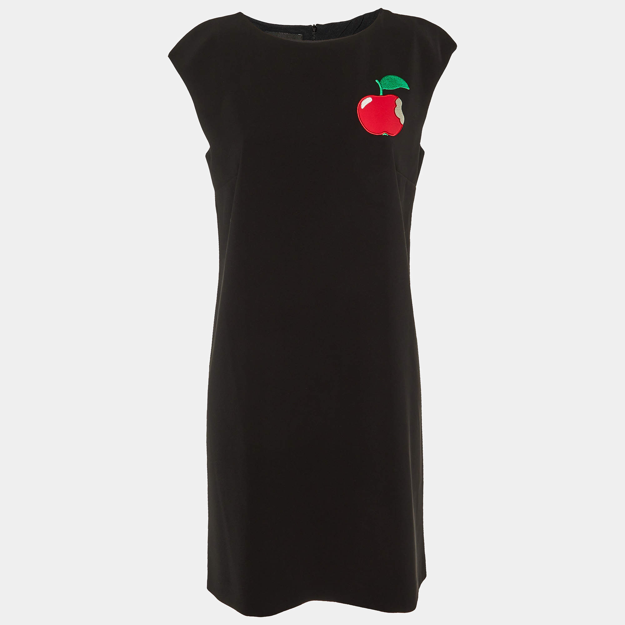Boutique Moschino Black Crepe Apple Embroidered Shift Dress M
