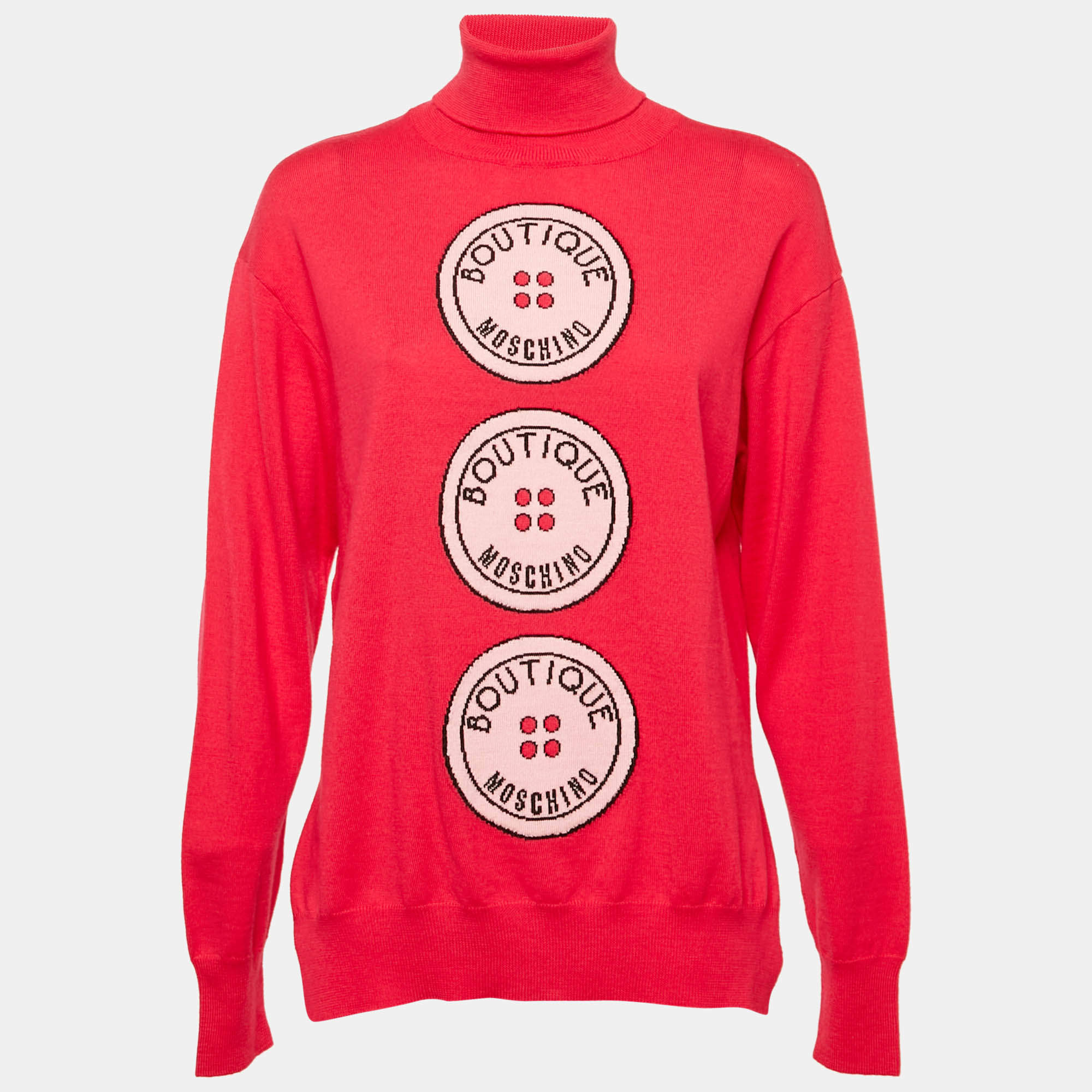 Pre Owned Boutique Moschino Pink Button Intarsia Wool Knit Turtle Neck Sweater M