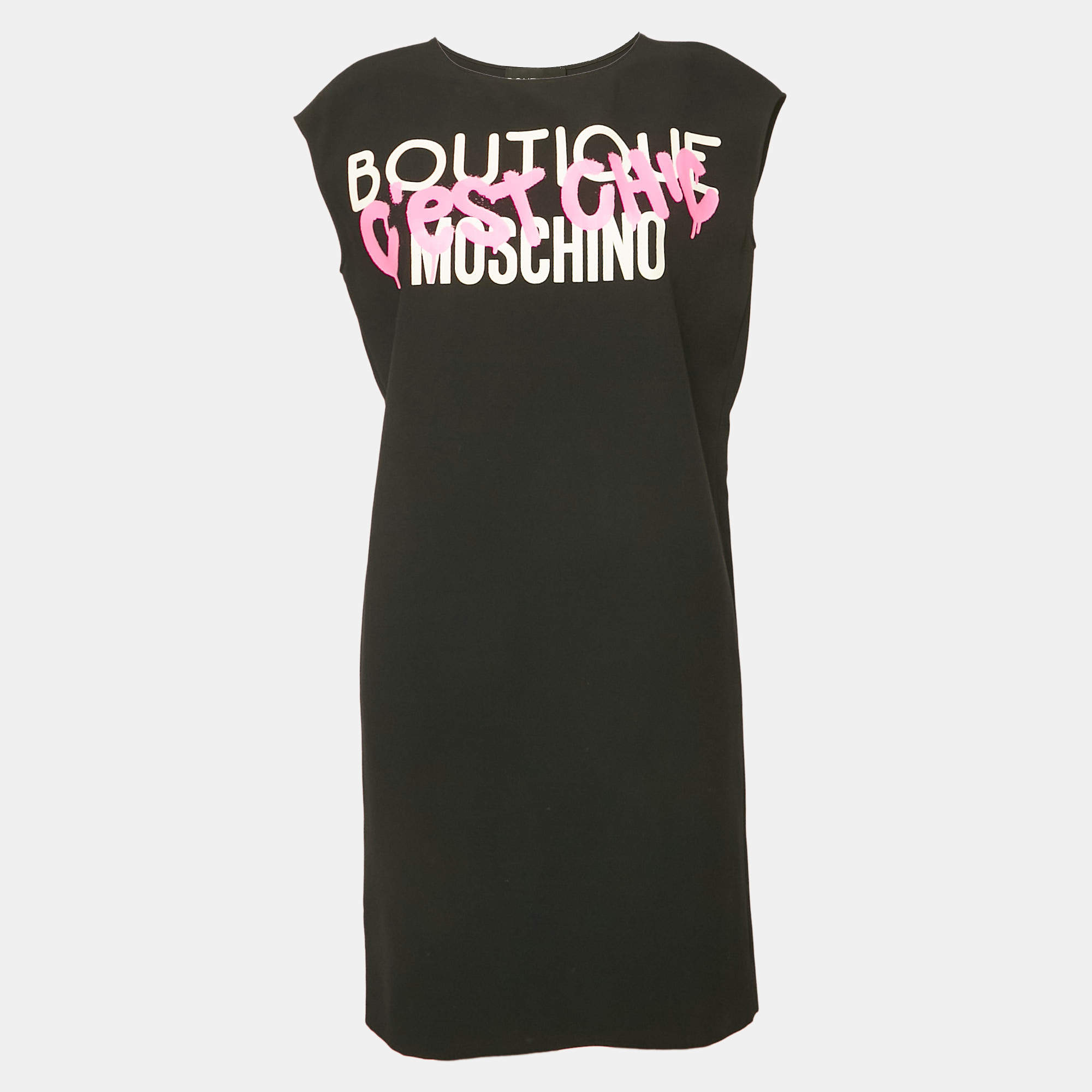 Pre Owned Boutique Moschino Black Printed Crepe Shift Dress S
