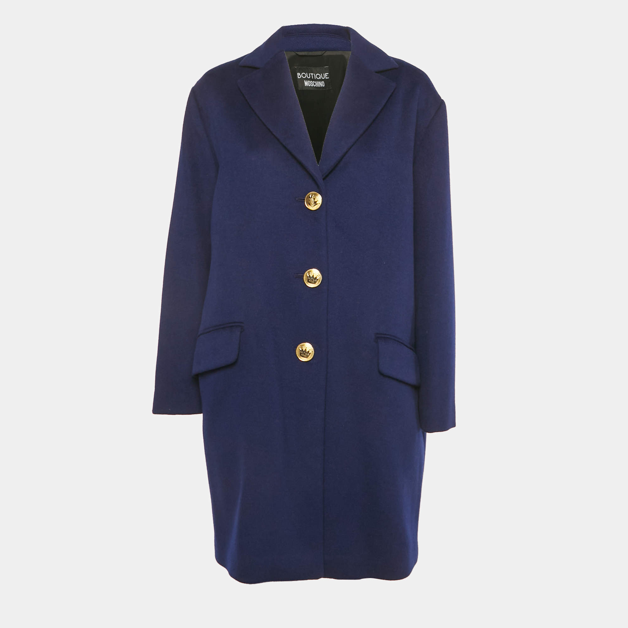 Pre Owned Boutique Moschino Blue Wool Blend Single Breasted Long Coat S