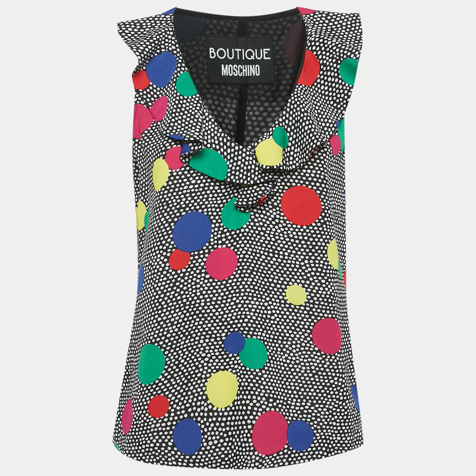 Pre Owned Boutique Moschino Black Dots Print Crepe Ruffled Top L