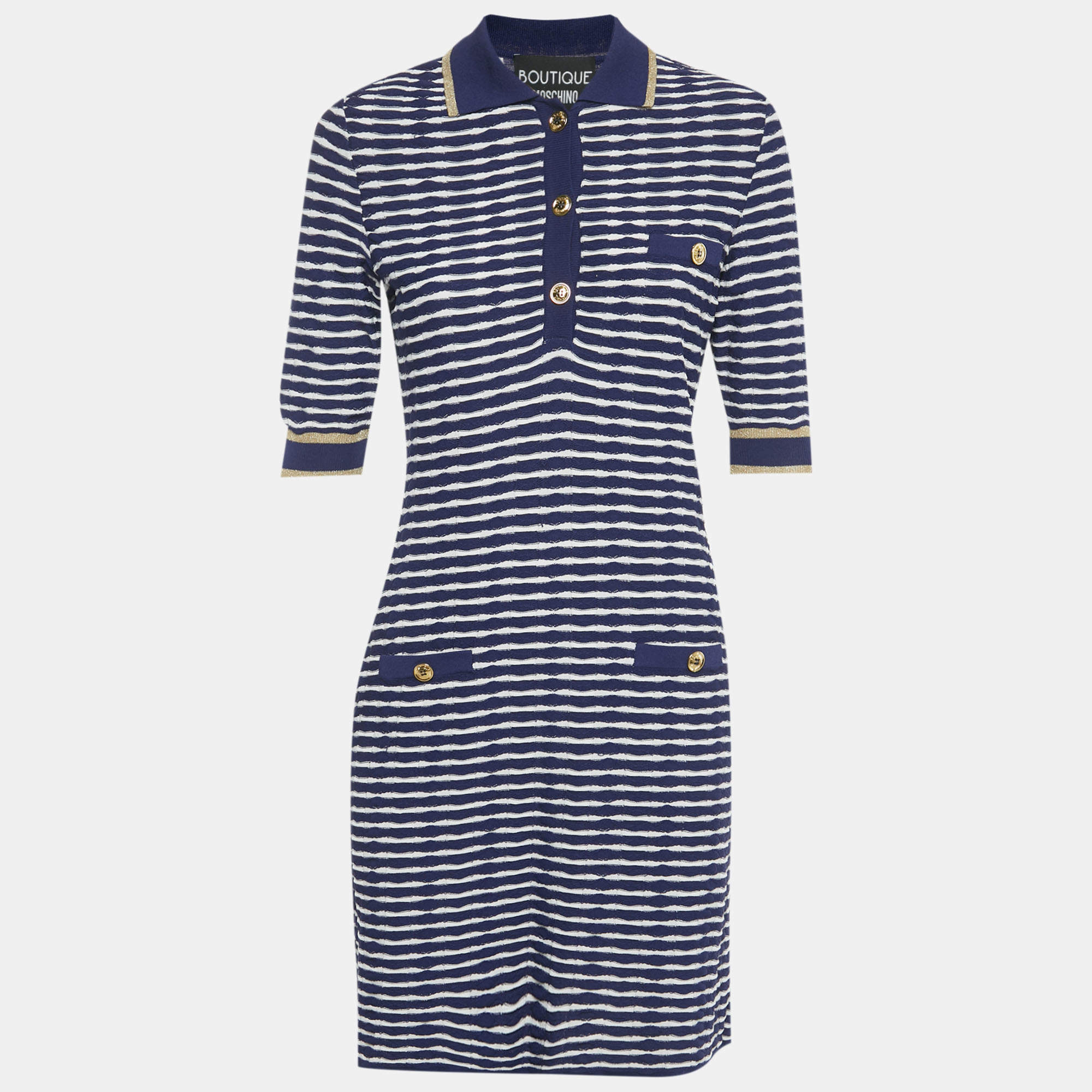 Pre Owned Boutique Moschino Navy Blue /White Striped Knit Mini Dress S