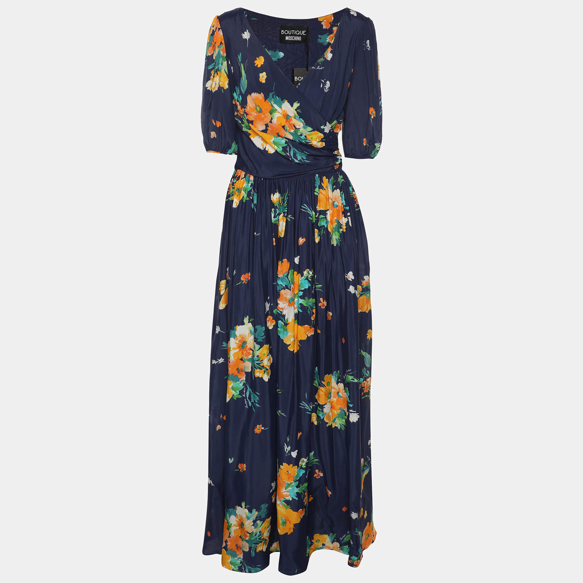 Pre Owned Boutique Moschino Blue Multicolor Floral Print Satin Wrap Maxi Dress M