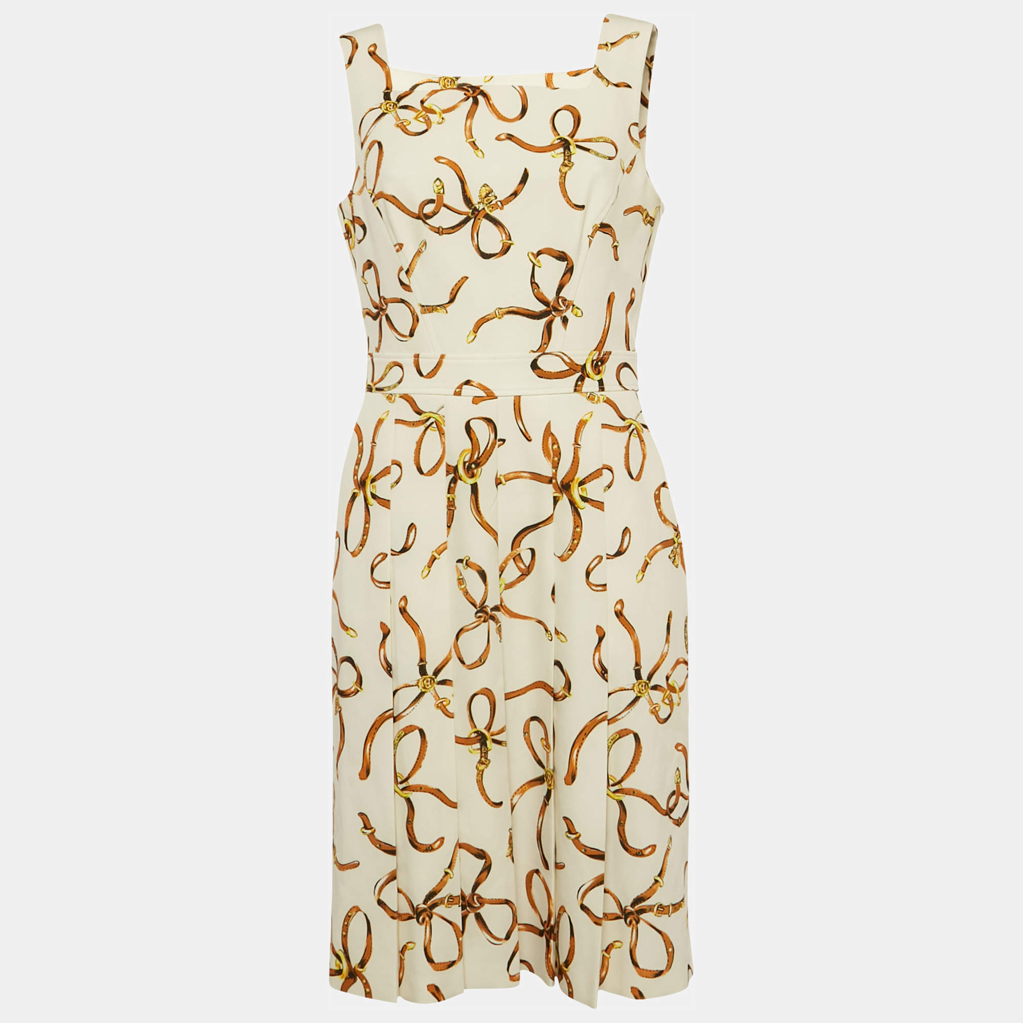 مملوكة مسبقًا Boutique Moschino Cream Allover Bridle Bow Cady Dress M