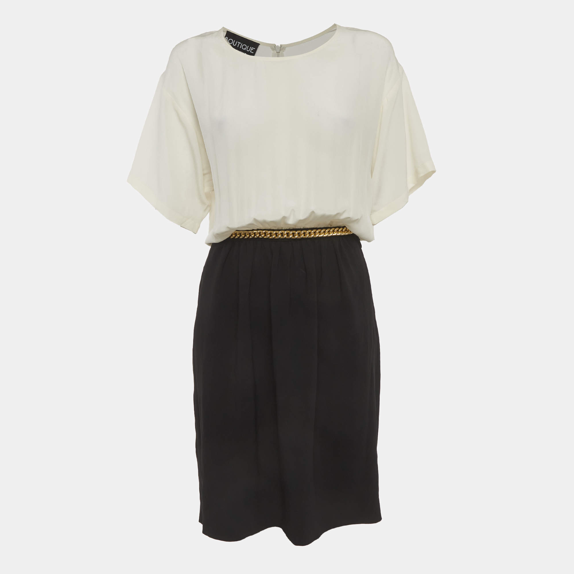 Pre Owned Boutique Moschino Cream/Black Crepe Chain Detail Midi Dress M