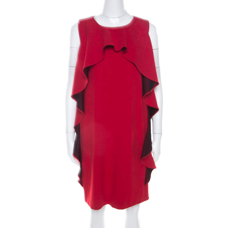 Pre Owned Boutique Moschino Red Crepe Knit Ruffle Front Sleeveless Shift Dress M