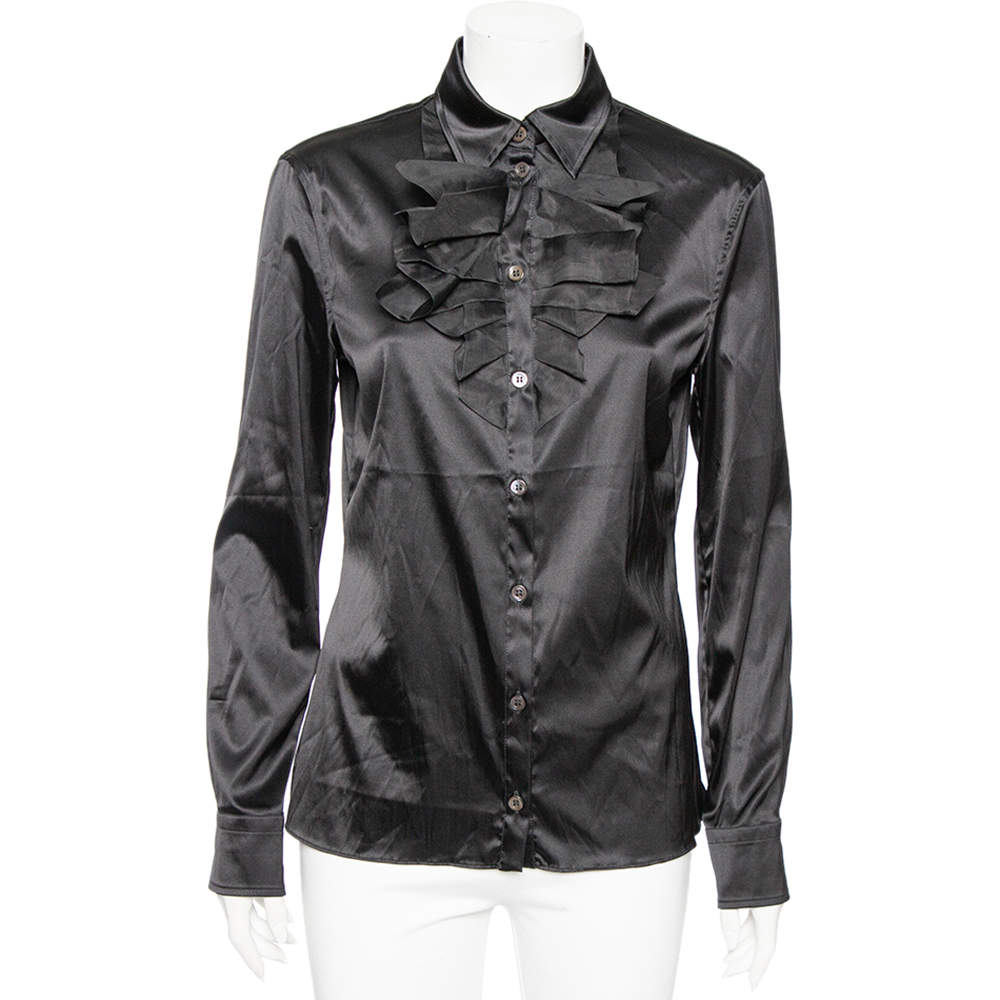 Pre Owned Moschino Couture Black Satin Ruffled Neck Shirt L
