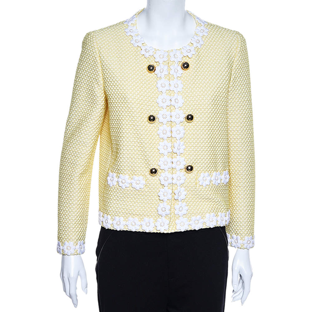 Pre Owned Boutique Moschino Yellow Textured Cotton Daisy Trimmed Jacket M