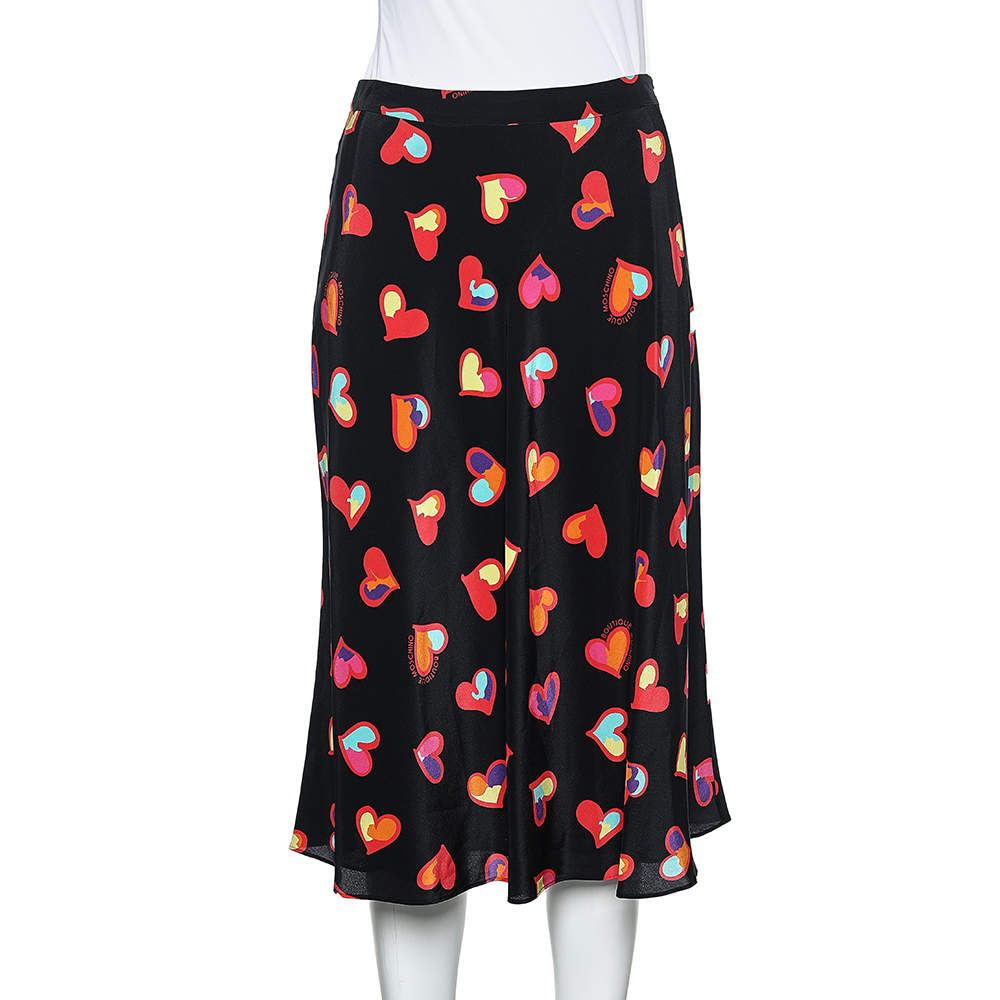 Pre Owned Boutique Moschino Black Heart Print Silk Skirt S
