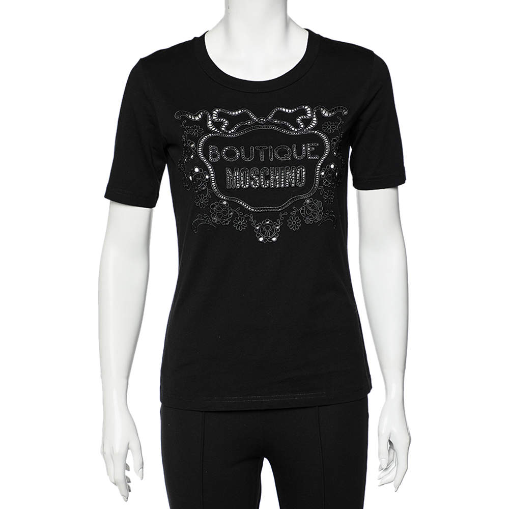 Pre Owned Boutique Moschino Black Cutwork Logo Detail Cotton Crewneck T-Shirt S