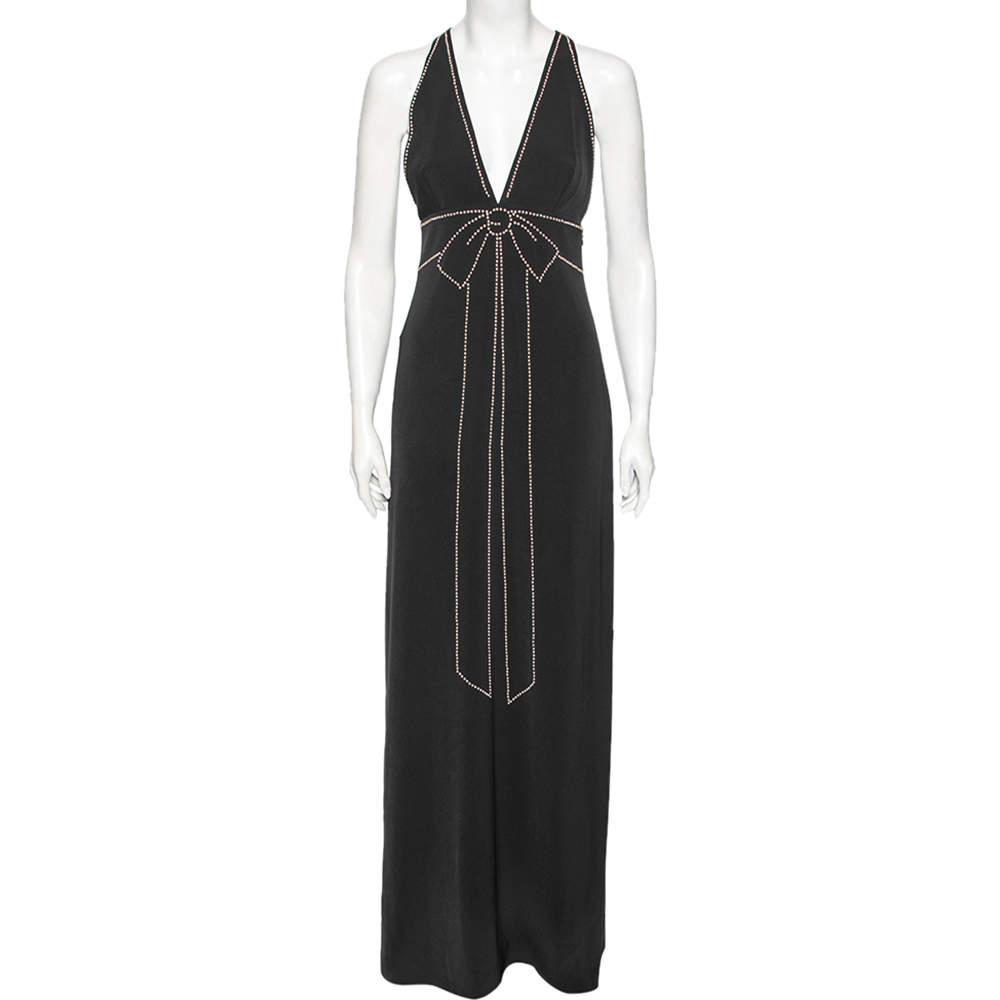 Pre Owned Boutique Moschino Black Crepe Plunging Neck Bow Embellished Detail Gown S