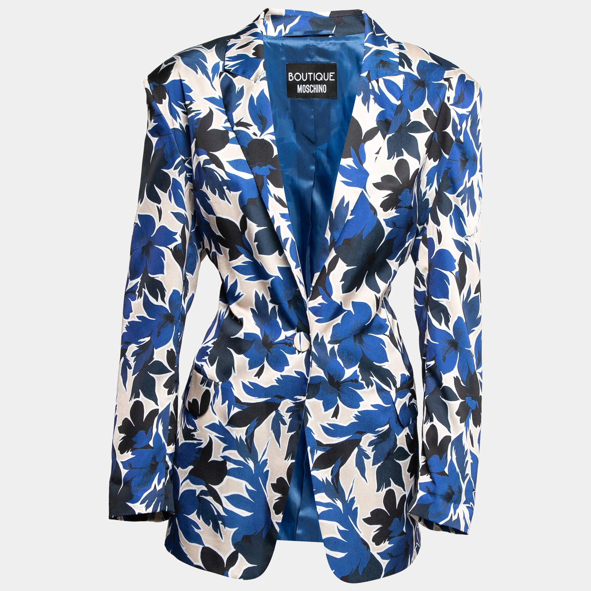 Boutique Moschino Blue Floral Printed Silk Single Breasted Blazer L