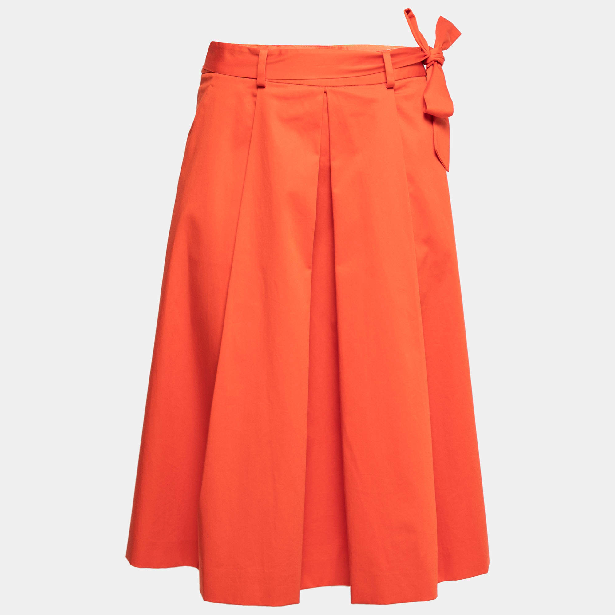 Pre Owned Boutique Moschino Orange Cotton Pleated Belted Skirt M