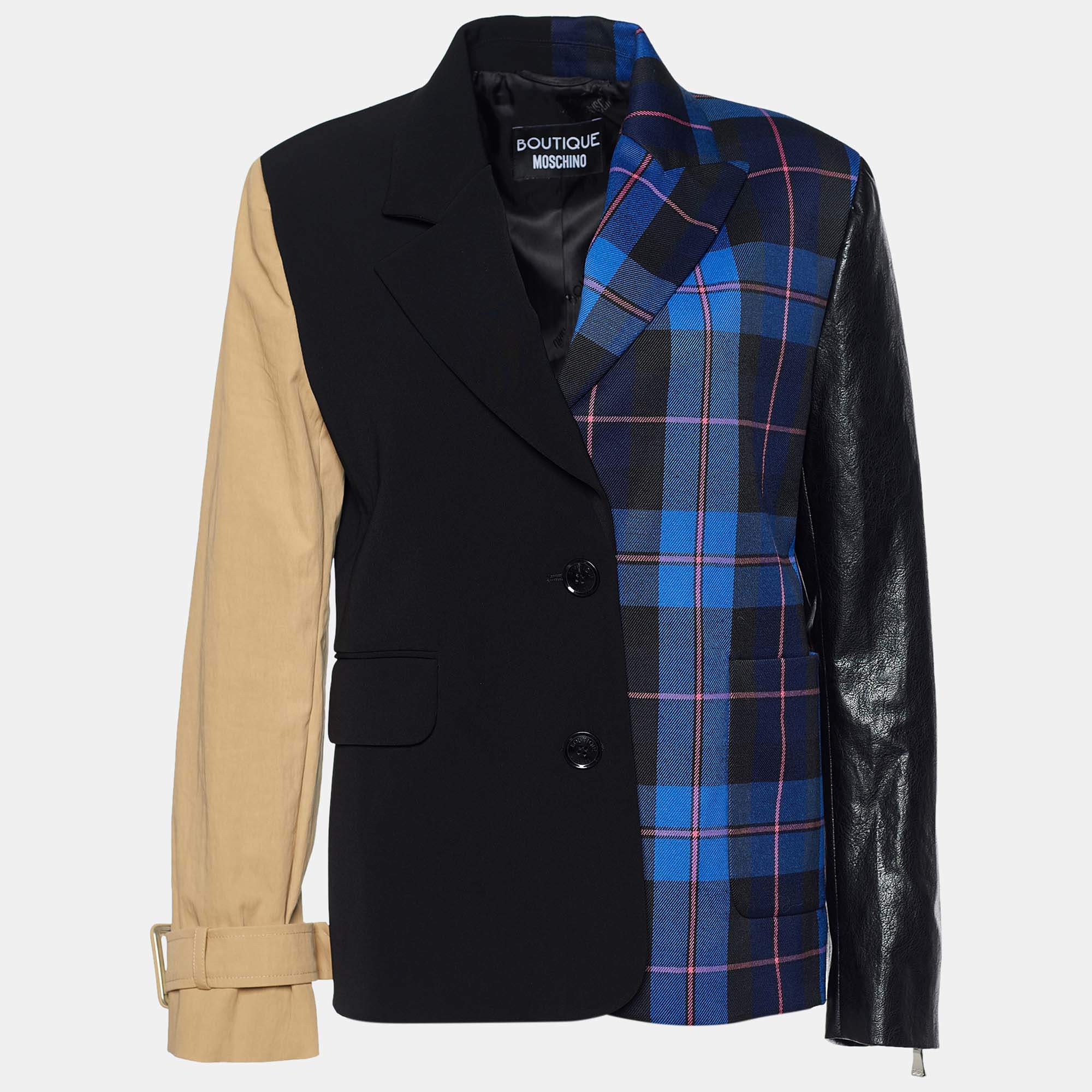 Pre Owned Boutique Moschino Color-Block Crepe & Leather Single Breasted Blazer M