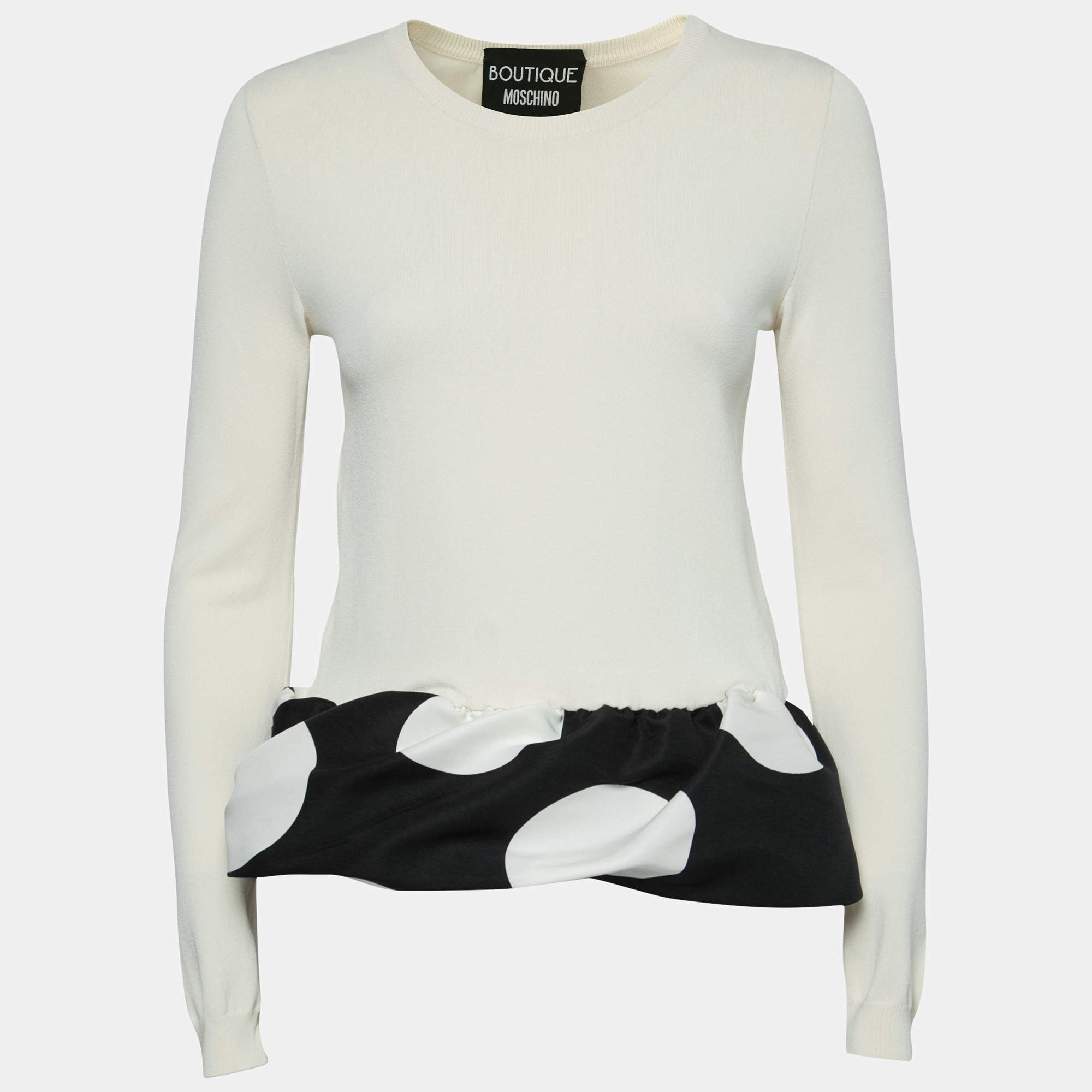 Pre Owned Boutique Moschino Cream Stretch Knit Ruffled Hem Top S