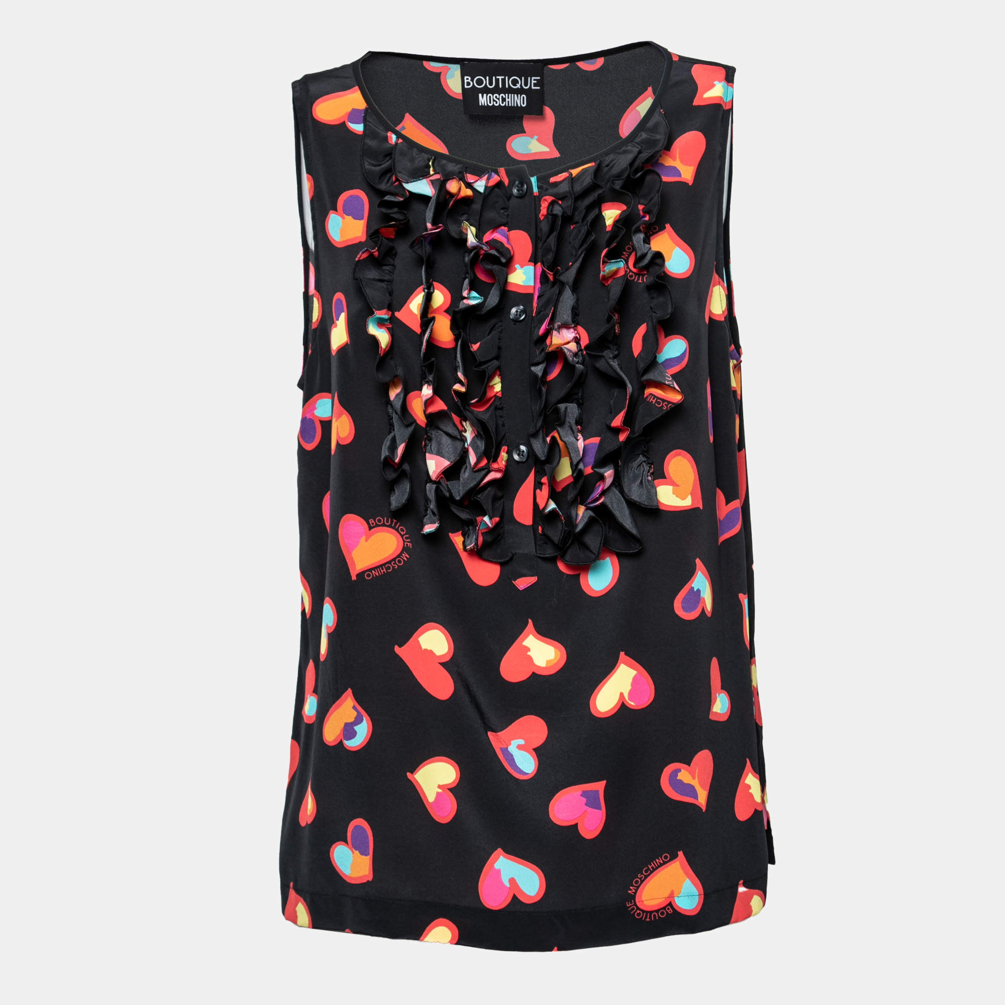 Pre Owned Boutique Moschino Black Heart Print Silk Ruffle Front Top L