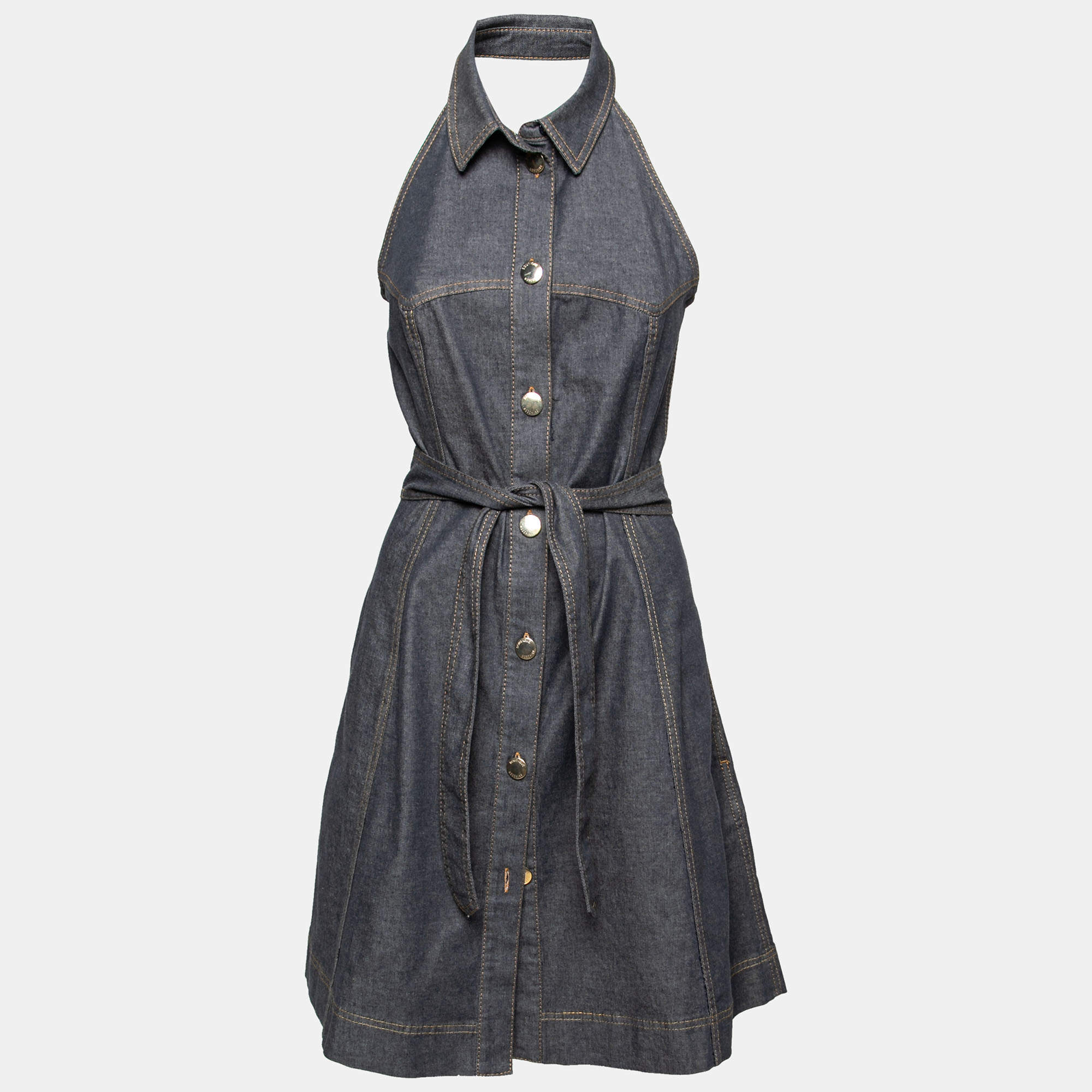 Pre Owned Boutique Moschino Denim Halter Neck Belted Mini Dress M