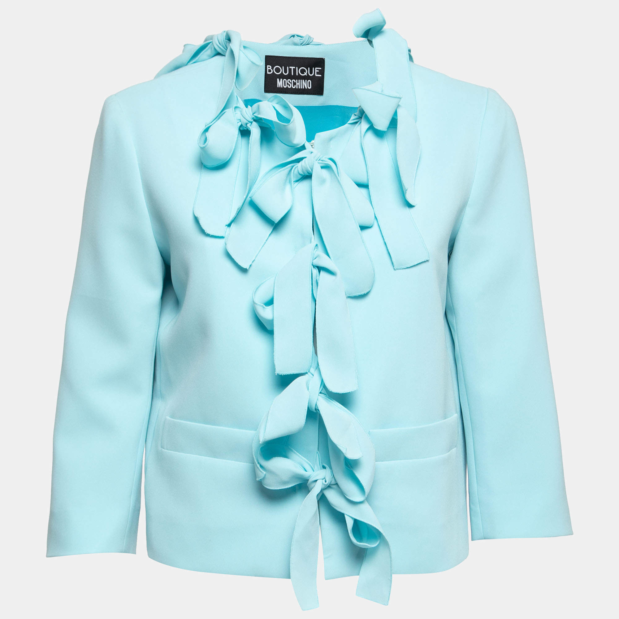 Pre Owned Boutique Moschino Aqua Blue Crepe Ribbon Detailed Jacket M