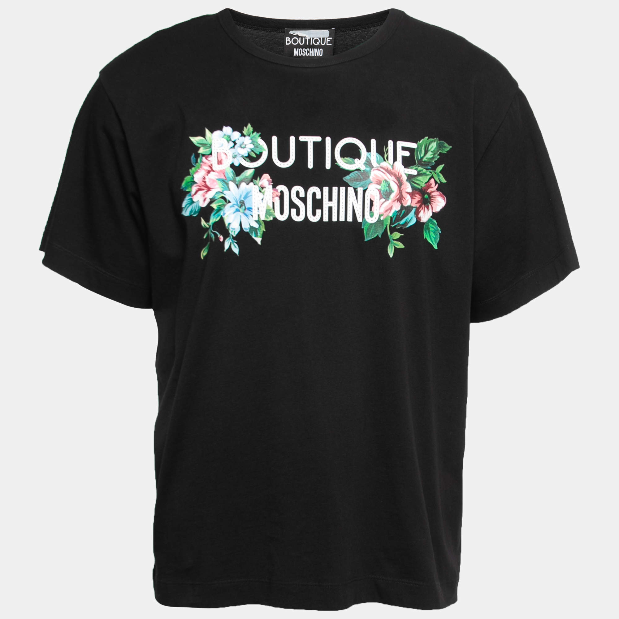 Pre Owned Boutique Moschino Black Cotton Floral Logo Print T-Shirt L