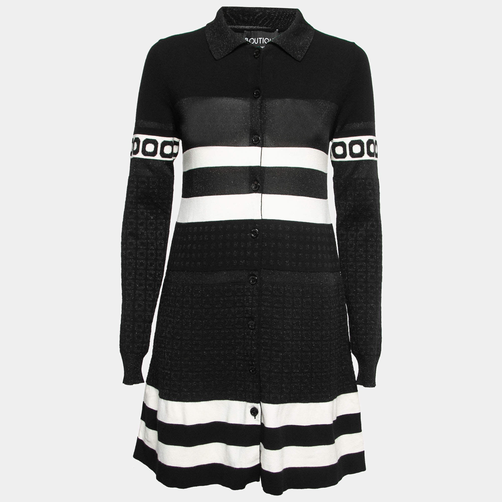 Pre Owned Boutique Moschino Black Patterned Lurex Knit Button Front Dress M