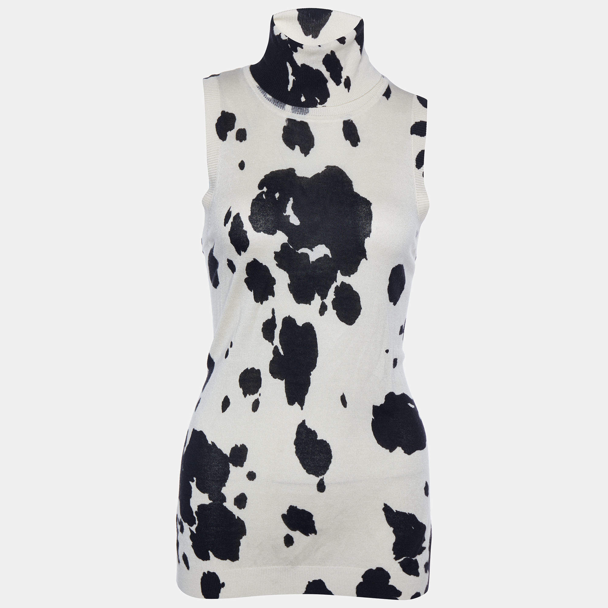 Pre Owned Boutique Moschino Cream Printed Silk & Cashmere Turtleneck Sleeveless Top L