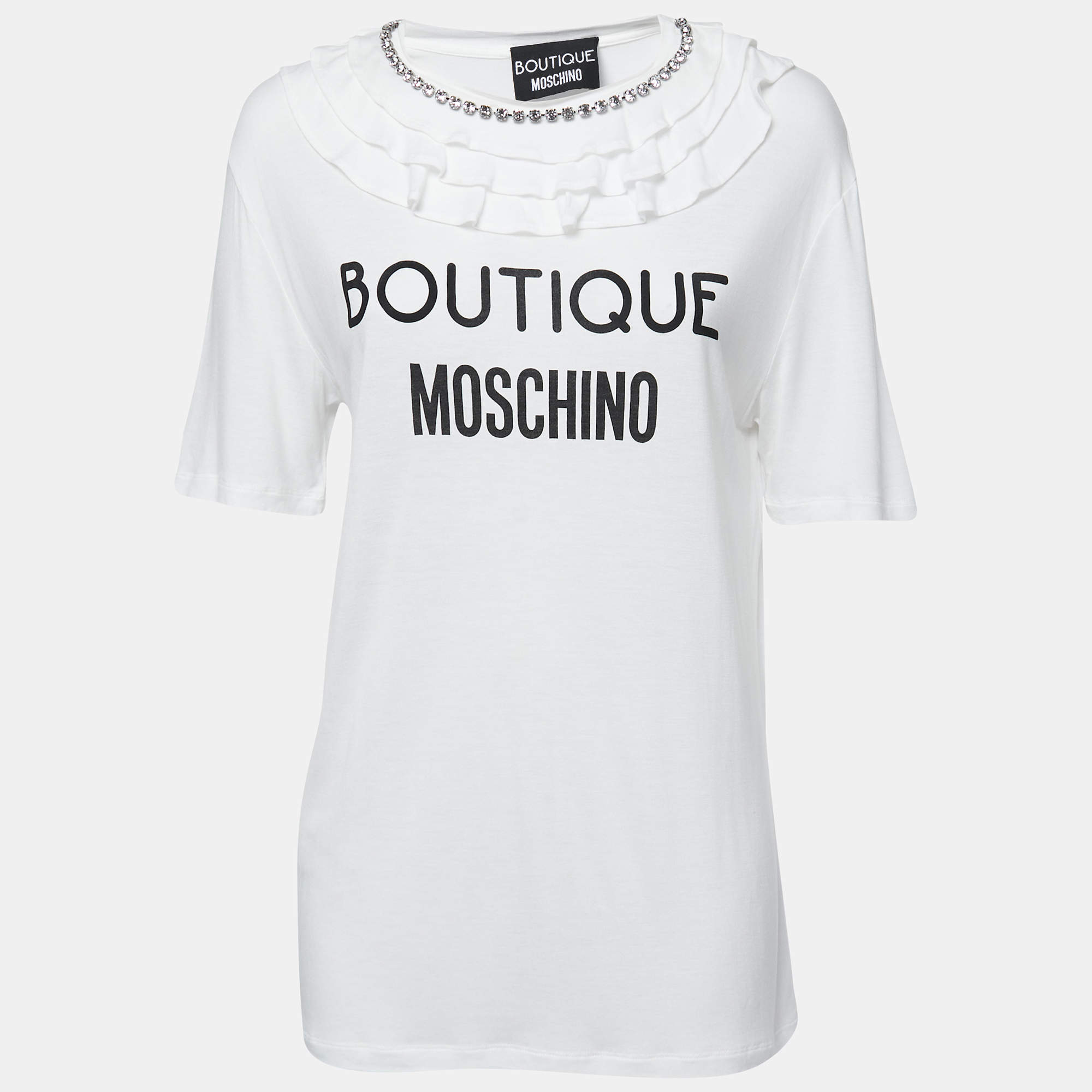Pre Owned Boutique Moschino White Cotton Logo Print Rhinestone-Embellished T-Shirt M