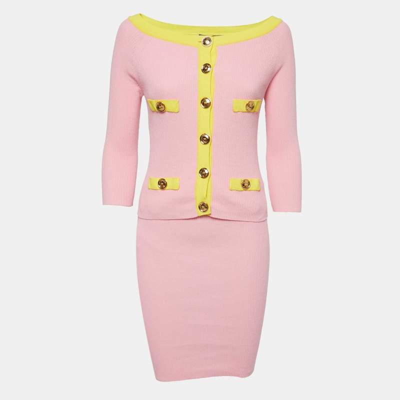 Pre Owned Boutique Moschino Pink Ribbed Knit Cardigan & Skirt Set M