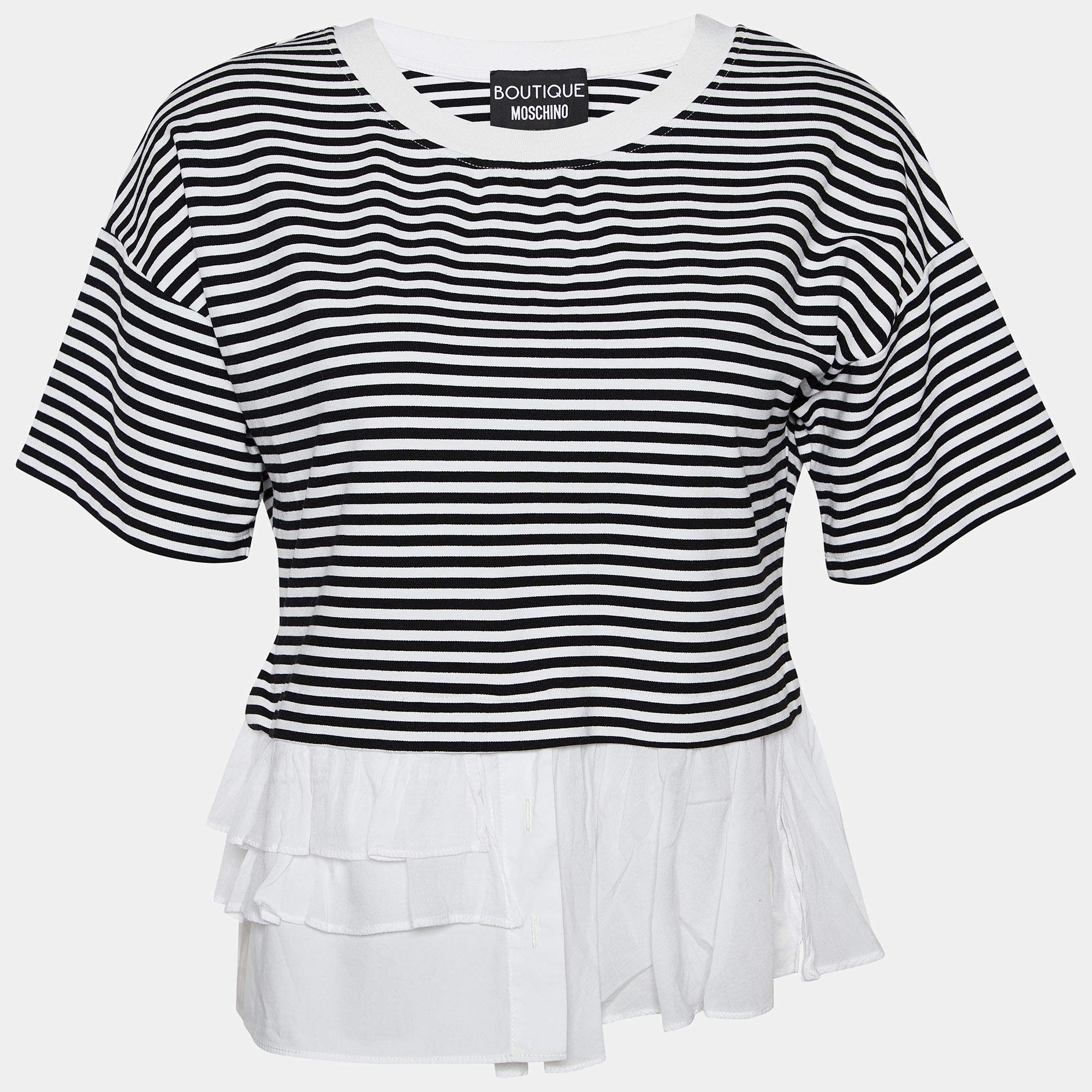 Pre Owned Boutique Moschino Black & White Striped Knit Ruffle Trim Top S